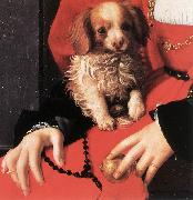 BRONZINO, Agnolo, Portrait of a Lady with a Puppy (detail) fg